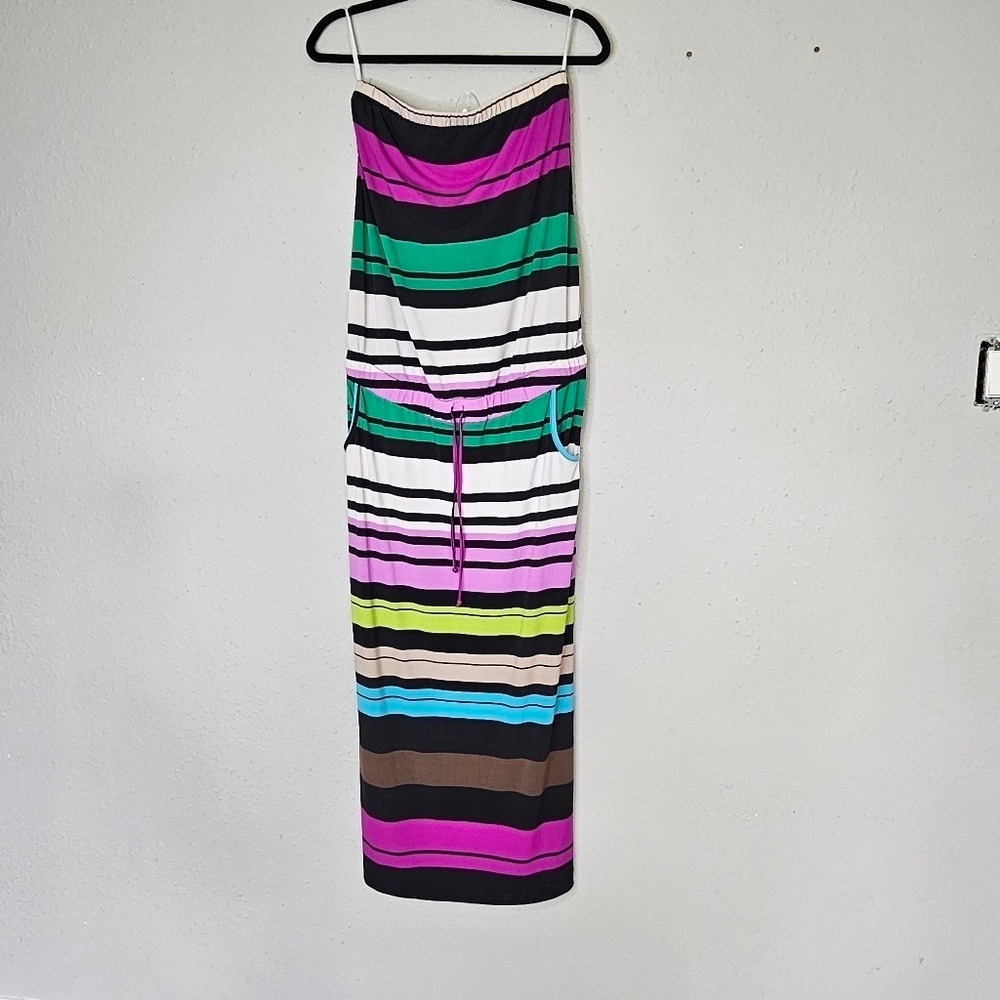 Jules & Jim Maternity Multi Color Striped Strapless Maxi Dress Small Drawstring